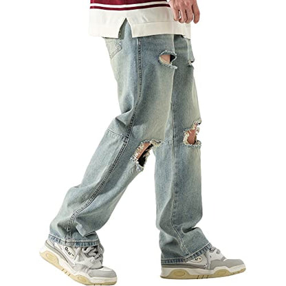 DOSLAVIDA Men's Baggy Jeans Loose Fit Ripped Distressed Jean Relaxed Skateboard Denim Pants with Holes