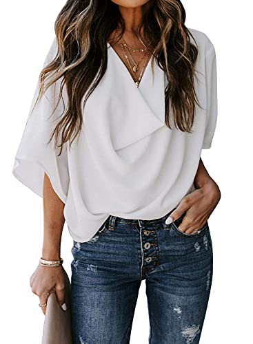 Womens Summer Short Sleeve Blouses Tops V Neckline Casual Chiffon Shirts and Tops Loose Fit Tunic T-Shirt Office Work Shirts for Women Ladies