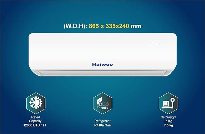 Haiwoo Air Conditioner 1 Ton Capacity 12000 BTU, T1 Highly Efficient Tropical Compressor, Golden Fin to Prevent Corrosion, Refrigerant:R410A, White