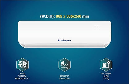 Haiwoo Air Conditioner 1 Ton Capacity 12000 BTU, T1 Highly Efficient Tropical Compressor, Golden Fin to Prevent Corrosion, Refrigerant:R410A, White