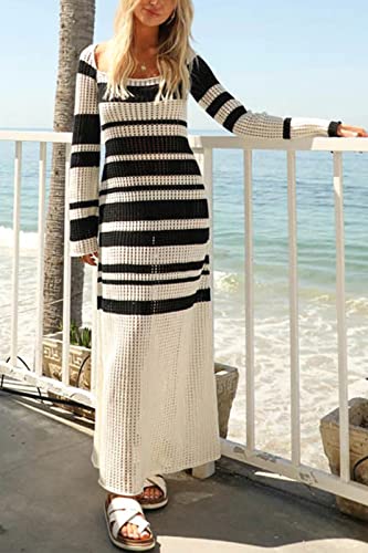 Womens Striped Square Collar Knit Hollow Out Long Sleeve Crochet Maxi Dress