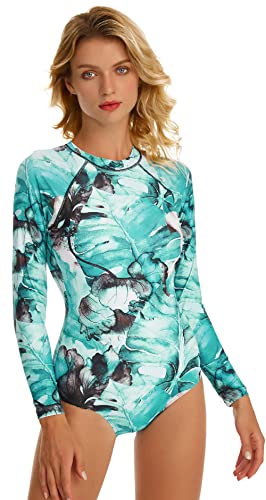 Maeau Women's Long Sleeve Rash Guard UV Protection Zipper Printed Surfing One Piece Swimsuit Bathing Suit