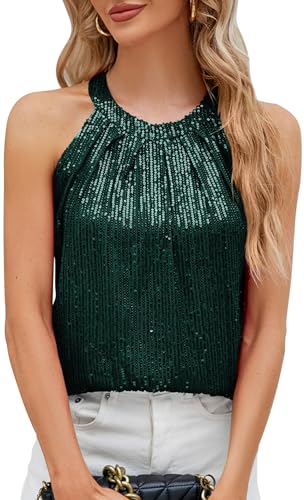 KEOYA Womens Sequin Halter Tops Sparkly Disco Outfit Concert Outfit Evening Party Club Tank Shirt Vest Tank Tops Tee