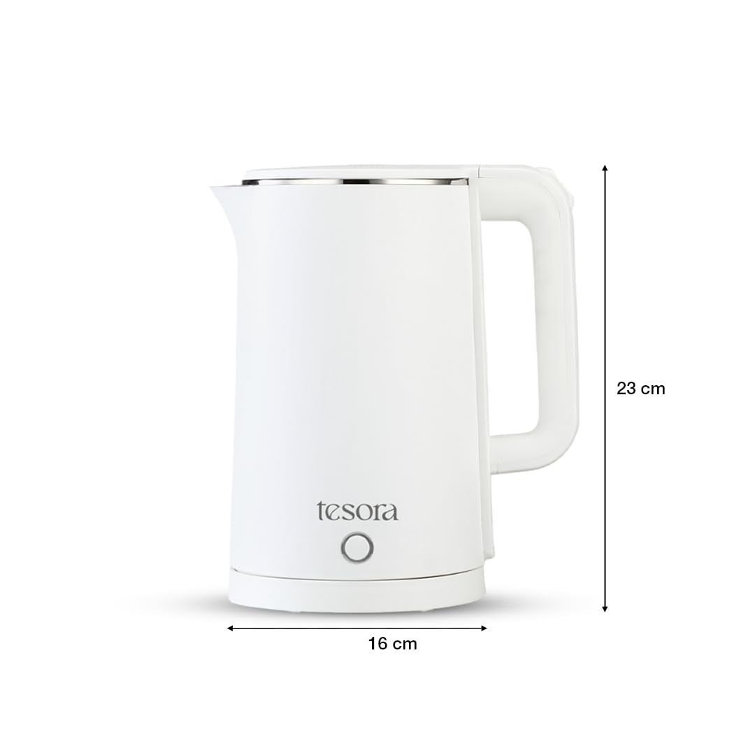 Tesora - Inspired by you Large Premium Electric Kettle 1.8L, Stainless Steel Inner Body - Auto Power Cut, Boil Dry Protection & Cool Touch Double Wall, Portable | 1500 Watts |1 Year Warranty | (White)