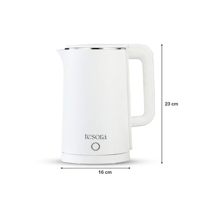 Tesora - Inspired by you Large Premium Electric Kettle 1.8L, Stainless Steel Inner Body - Auto Power Cut, Boil Dry Protection & Cool Touch Double Wall, Portable | 1500 Watts |1 Year Warranty | (White)