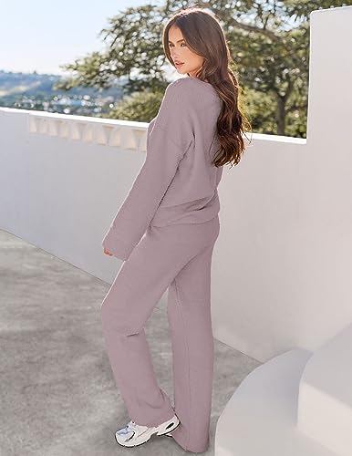 MEROKEETY Women's 2 Piece Outfits Fuzzy Fleece Pajama Set Long Sleeve Top Wide Leg Pants Loungewear