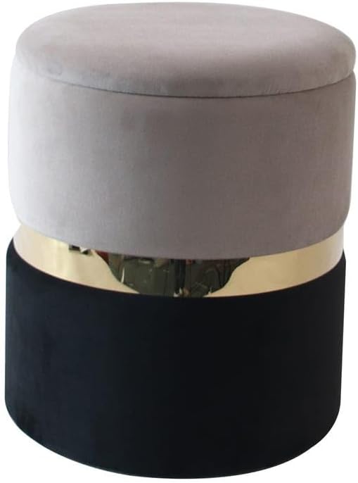 Danube Home Knox Velvet Fabric Pouf With Storage | Multi-Functional Ottoman Chair | Soft Upholstered Footrest | Modern Furniture For Living Room 37X37X45 cm - Grey/Black/Gold