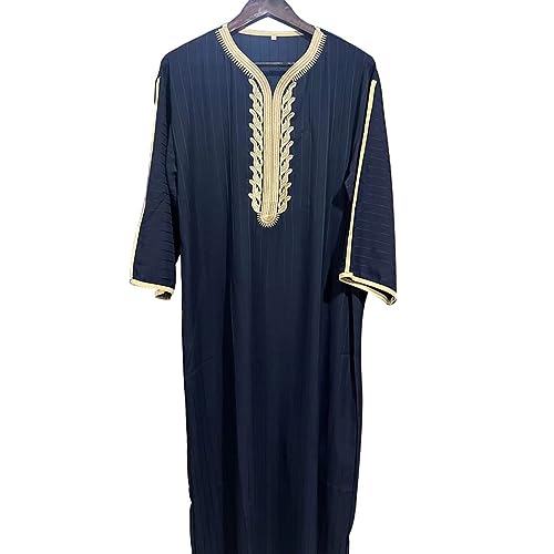 Men Dress Embroidery Long Gown Thobe Robe Short Sleeve Sleepwear Nightshirt