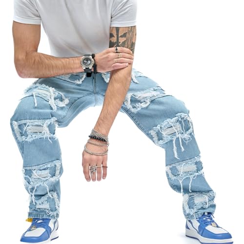 WEIBUMAOYI Men's Loose Fit Pants Relaxed-Fit Men Jeans Washed Oversize Straight Leg Carpenter Jean