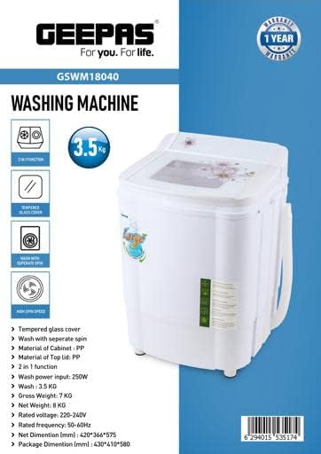 Geepas Washing Machine, 2-In-1 Function, 3.5 Kg, Gswm18040 - Tempered Glass Cover, Wash With Separate Spin, High Spin Speed, 2 Years Warranty