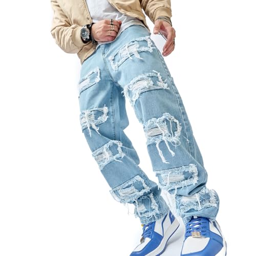 WEIBUMAOYI Men's Loose Fit Pants Relaxed-Fit Men Jeans Washed Oversize Straight Leg Carpenter Jean