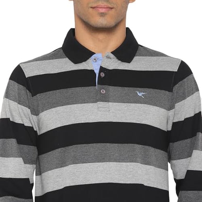 Deniklo Men's Polo Collar Full Sleeves Striped T-Shirt with Embroidery DK 240