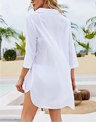 Women Plus Size Swimsuit Cover Up Shirt Deep V Neck Bikini Cover Up Solid Beach Dress