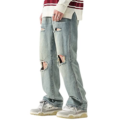 DOSLAVIDA Men's Baggy Jeans Loose Fit Ripped Distressed Jean Relaxed Skateboard Denim Pants with Holes