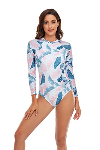 Women One Piece Swimsuit Printed Zipper Slim Long Sleeve Swimwear Bathing Suit