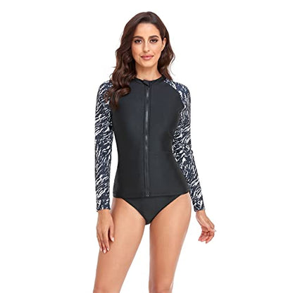 Women One Piece Swimsuit Printed Zipper Slim Long Sleeve Swimwear Bathing Suit