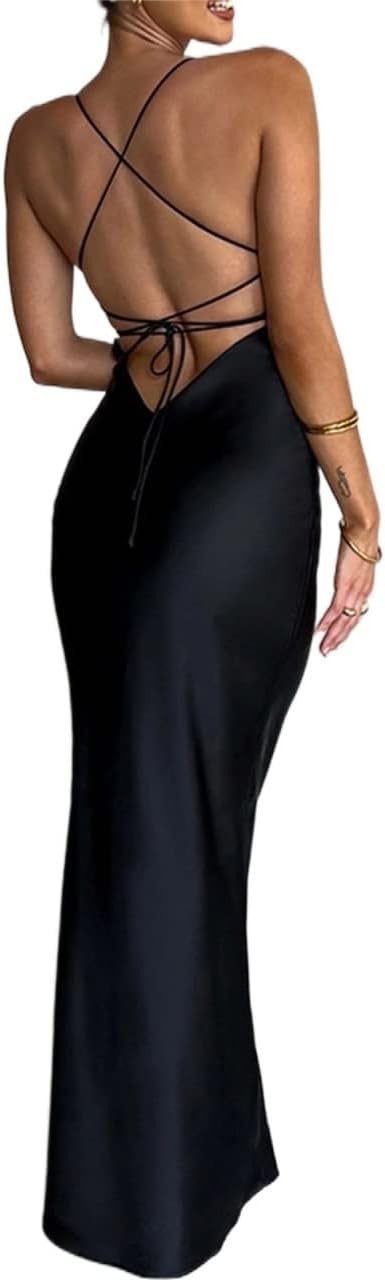 Women's Spaghetti Satin Strappy Backless Evening Party Dress, Sexy Cocktail Maxi Long Dress (Color : Black, Size : Medium)