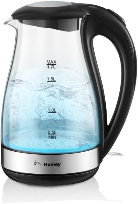 Homey Electric Glass Kettle 1.7L Capacity, 1850-2200W, Auto Shut-Off, Boil Dry Protection,Water Heater Kettle