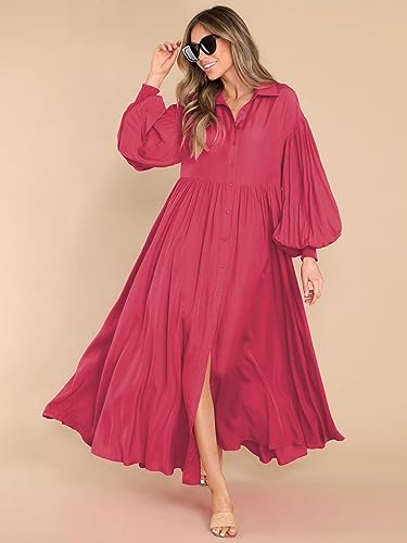 Women's Maxi Shirt Dress Button Down Long Sleeve Casual Flowy A-line Long Dress