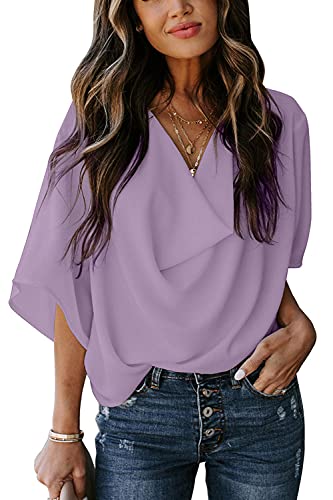 Womens Summer Short Sleeve Blouses Tops V Neckline Casual Chiffon Shirts and Tops Loose Fit Tunic T-Shirt Office Work Shirts for Women Ladies