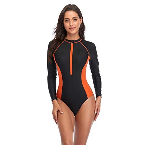 Women One Piece Swimsuit Printed Zipper Slim Long Sleeve Swimwear Bathing Suit