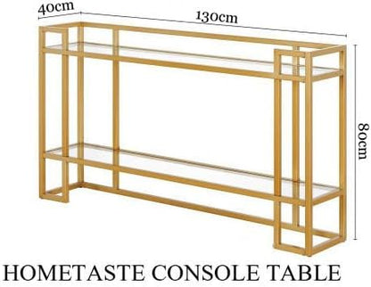 HOMETASTE Glass Console Table Metal Console Table with Dual Clear Glass Shelve Entryway Table Narrow Modern Console Table TV Stand Dressing Table Stand Modern Hallway Table (Golden)