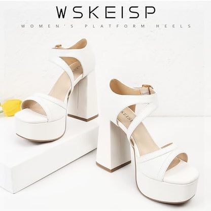 WSKEISP Platform Chunky Heels for Women Trendy Square Toe Heeled Sandals Black White Pink Silver Gold High Heels Ankle Strap Party Wedding Dress Pumps