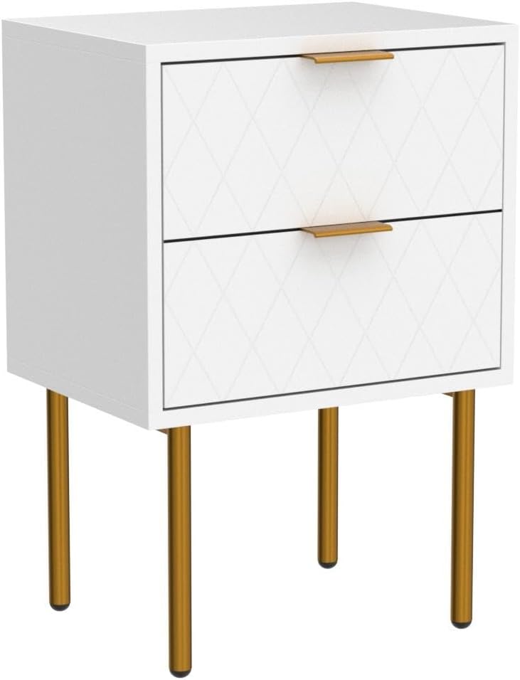 Aobafuir Nightstand, 2 Drawer Dresser for Bedroom, Small Side Table with 2 Drawers, Bedside Furniture, Night Stand, End Table with Gold Frame for Bedroom, Living Room, White Stripe