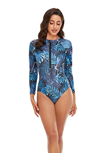 Women One Piece Swimsuit Printed Zipper Slim Long Sleeve Swimwear Bathing Suit