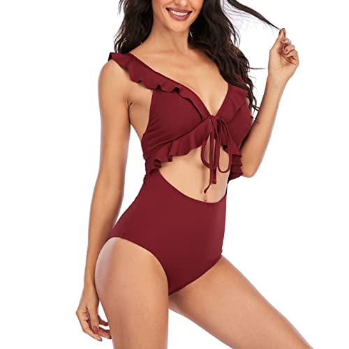 Women's One Piece Swimsuit Slimming V Neck Bathing Suit Sexy Cutout Ruffled Lace Up Swimwear Monokini High Waisted Tummy Control Swimming Suits