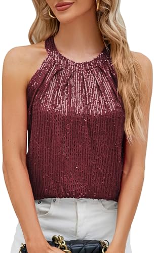 KEOYA Womens Sequin Halter Tops Sparkly Disco Outfit Concert Outfit Evening Party Club Tank Shirt Vest Tank Tops Tee