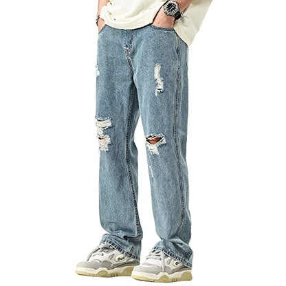 DOSLAVIDA Men's Baggy Jeans Loose Fit Ripped Distressed Jean Relaxed Skateboard Denim Pants with Holes