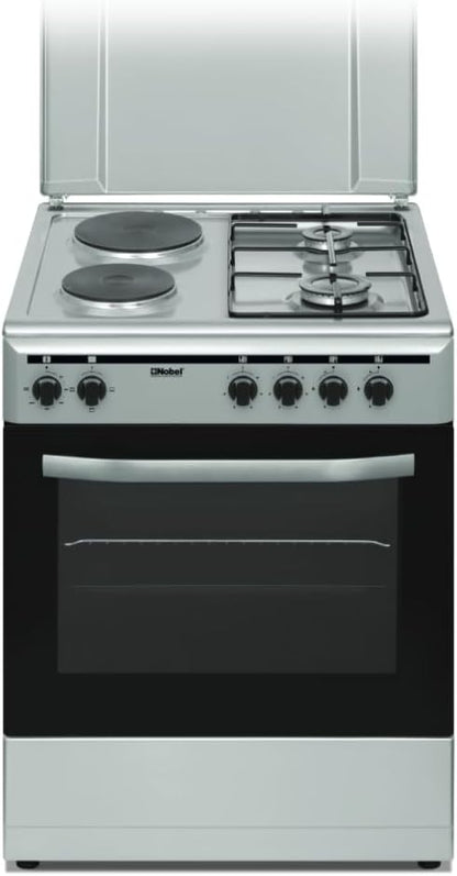 Nobel 60 x 60 Electric & Gas Cooker, 2 Gas Burner, 2 Hot Plate, Electric Grill & Electric Oven, 6 Knob, Manual Ignition, Stainless Steel Lid, 59.8 x 61 x 86 cm, Silver, Made In Turkey NGC7222