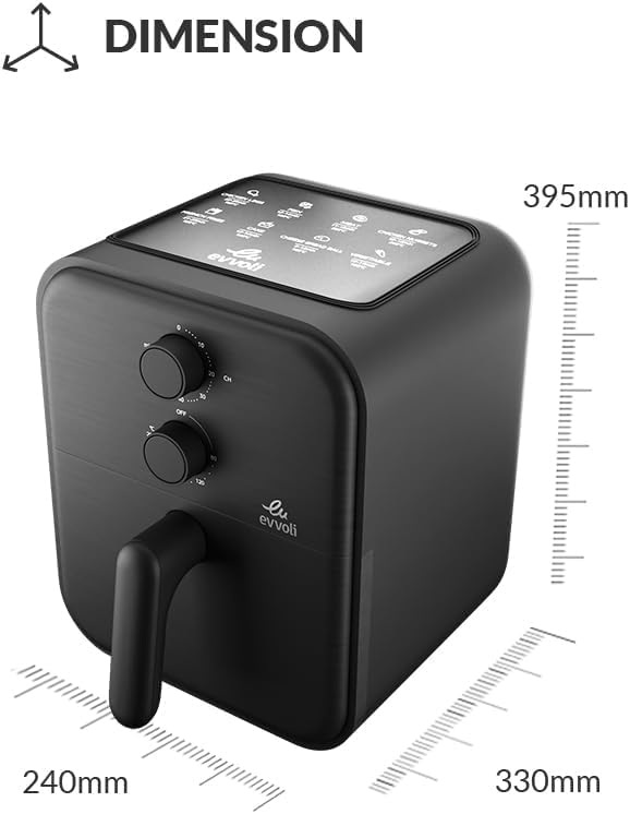 evvoli Air Fryer 3.8 Liters with Timer Temperature Adjustable Control and 8 Preset Programs 1600W, EVKA-AF3801B Black