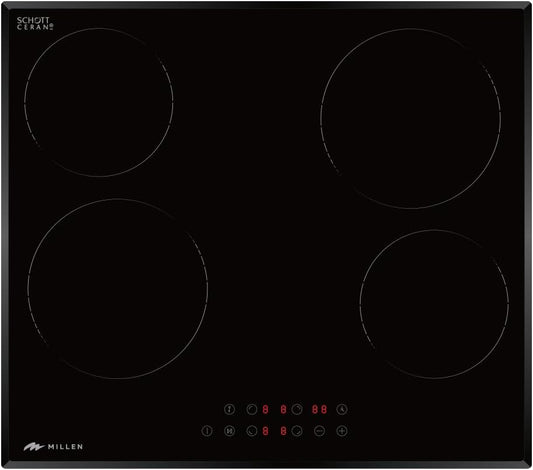 MIILLEN Built in Electric hob, 60 cm Black Glass, 4 Heating Zones, 6000W, Touch Control, MEH 601 BL, 3 Year Warranty