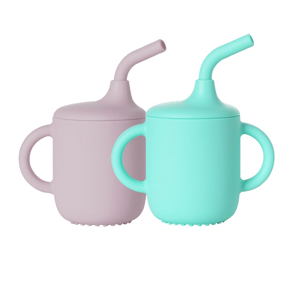 JZS Silicone Sippy Cup, 2 Pack Sippy Cups with Handles Training for Baby 6 months+ Soft with Straw Spill Proof Cups Toddlers Handles and Spout Lid Easy Grip 5oz