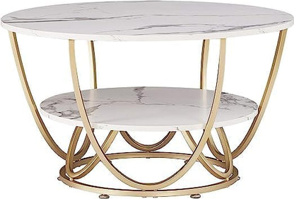 Ereteken ART Round Gold Coffee Table,2 Tier Coffee Tables for Living Room,Circle Coffe Table with Storage Modern Center Tea Table Wooden Faux Marble Top Metal Legs Accent Table (White)