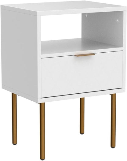 Aobafuir Nightstand, 2 Drawer Dresser for Bedroom, Small Side Table with 2 Drawers, Bedside Furniture, Night Stand, End Table with Gold Frame for Bedroom, Living Room, White Stripe