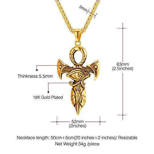 U7 Ancient Egyption Jewelry Stainless Steel 18K Gold Plated Eye of Horus Necklace, Ankh Cross Pendant, Men Women Fashion Jewelry with Chain 22 Inch, Send Gift Box