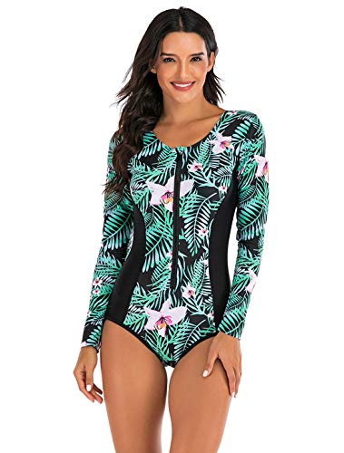 Maeau Women's Long Sleeve Rash Guard UV Protection Zipper Printed Surfing One Piece Swimsuit Bathing Suit