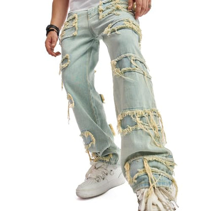 WEIBUMAOYI Men's Loose Fit Pants Relaxed-Fit Men Jeans Washed Oversize Straight Leg Carpenter Jean