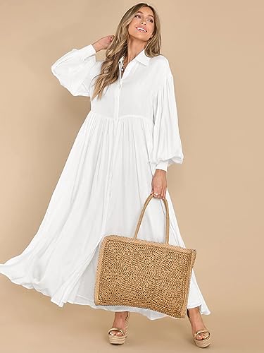 Women's Maxi Shirt Dress Button Down Long Sleeve Casual Flowy A-line Long Dress