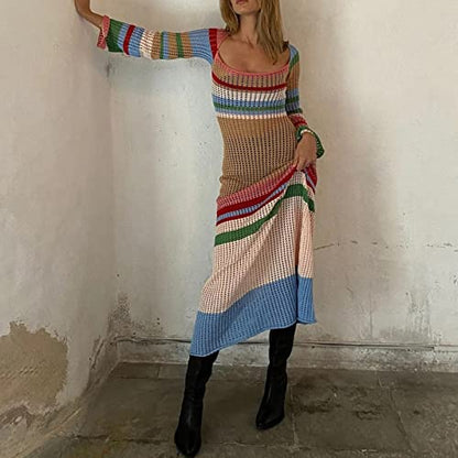 Womens Striped Square Collar Knit Hollow Out Long Sleeve Crochet Maxi Dress