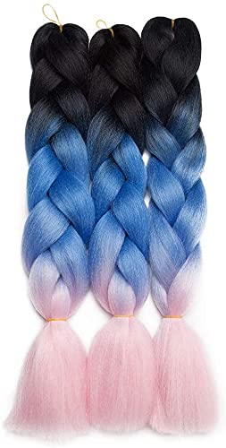 Synthetic Hair for Braiding, Jumbo Braids, Extension Afro Braids Crochet Twist, Heat Resistant 24 inch 3 Pcs(Sky Blue mix Light Puple)