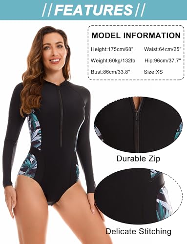 Maeau Women's Long Sleeve Rash Guard UV Protection Zipper Printed Surfing One Piece Swimsuit Bathing Suit