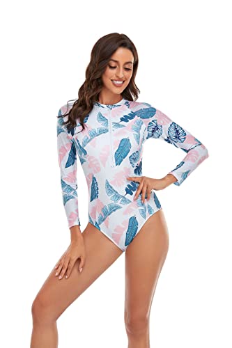 Women One Piece Swimsuit Printed Zipper Slim Long Sleeve Swimwear Bathing Suit