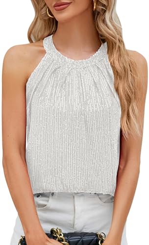 KEOYA Womens Sequin Halter Tops Sparkly Disco Outfit Concert Outfit Evening Party Club Tank Shirt Vest Tank Tops Tee