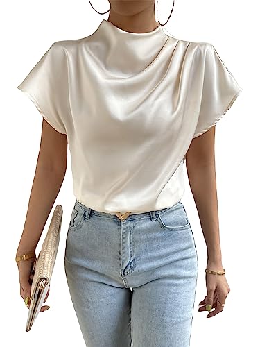 GORGLITTER Women's Elegant Satin Short Sleeve Mock Neck Blouse Shirt Top