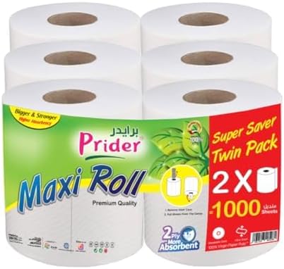 Prider jumbo Sterilized Kitchen Towel - 6 Mega Rolls 2000 sheets 2 PLY - Highly Absorbent & Perforated Maxi roll Tissue Paper- Multi Purpose