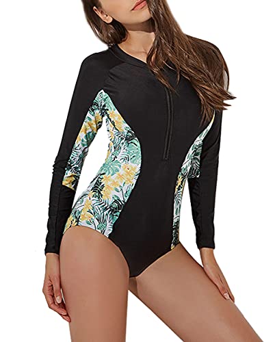 Maeau Women's Long Sleeve Rash Guard UV Protection Zipper Printed Surfing One Piece Swimsuit Bathing Suit